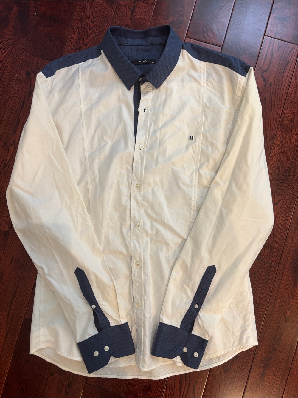 Ava White Button-Up Shirt with Navy Trim